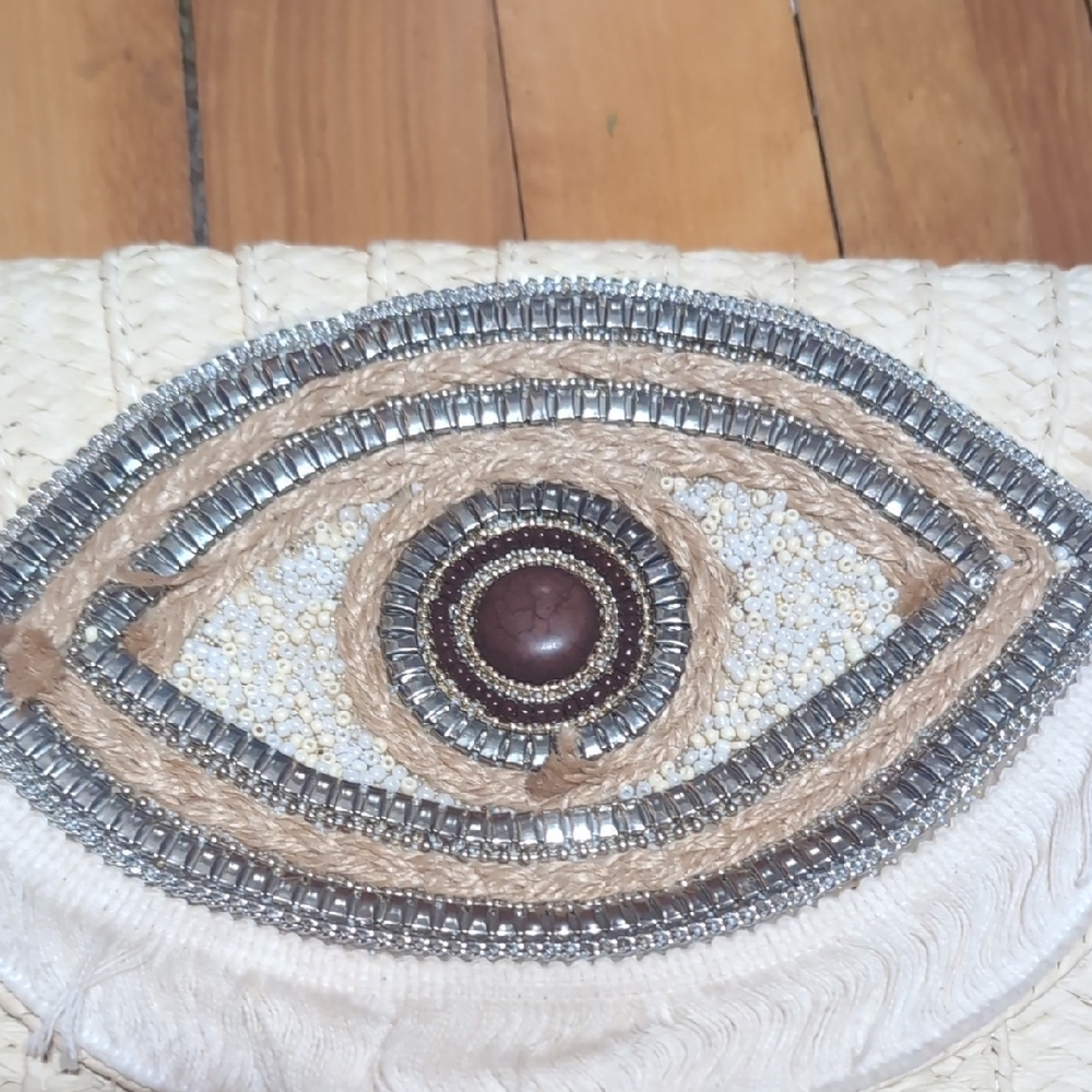 Cream and Brown Woven Crossbody Bag Bejeweled Eye Zipper - Picture 8 of 9
